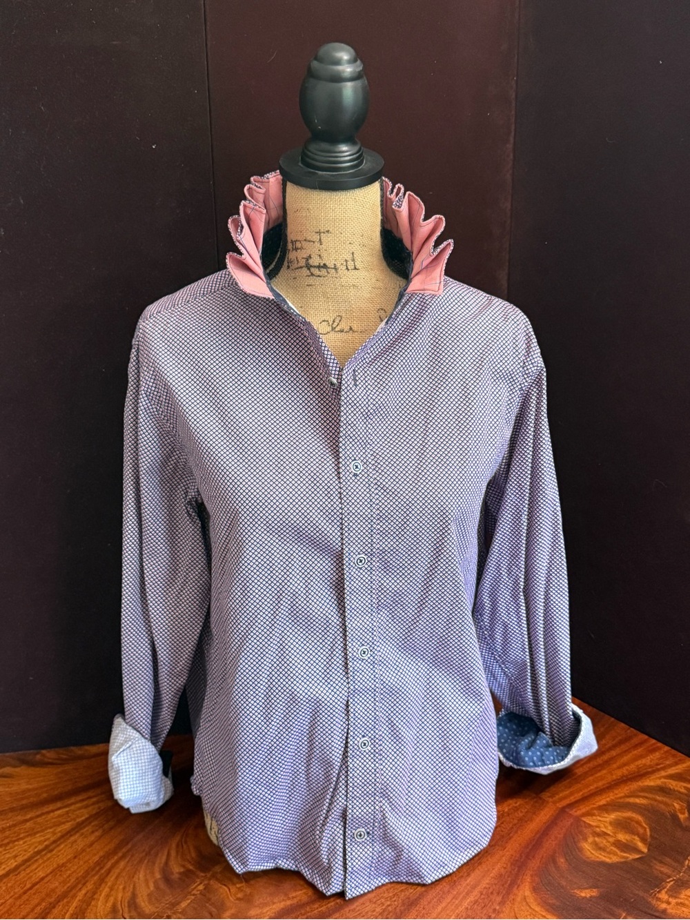 Upcycled Women’s Button-Down Shirt with Red contast Ruffle Collar